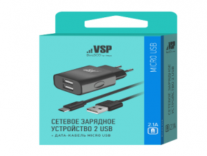 СЗУ Vespa 2USB, 2,1A +Дата- кабель micro USB, 1м, (черный)