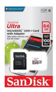 Карта памяти SanDisk Ultra MicroSDXC + SD Adapter 64GB UHS-I 100MB/s Class 10